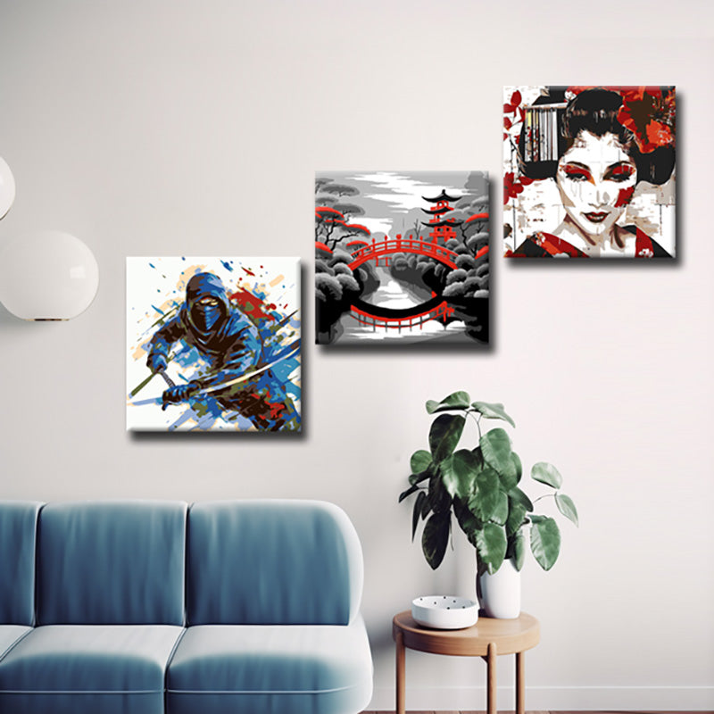 3-teilige Kunstvolle Asiatische Darstellungen auf Leinwand – Beeindruckende Galeriewandkunst