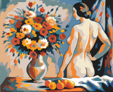 Grind nach Zahlen Akt Frau mit Blumenstrauß abstrakt