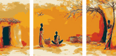 Malen nach Zahlen Afrika Dorf in Steppe Alltag - 3-part (Triptychon)