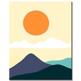 Malen nach Zahlen Kunst Minimalismus Farbige Sonne mit Wolken über den Bergen