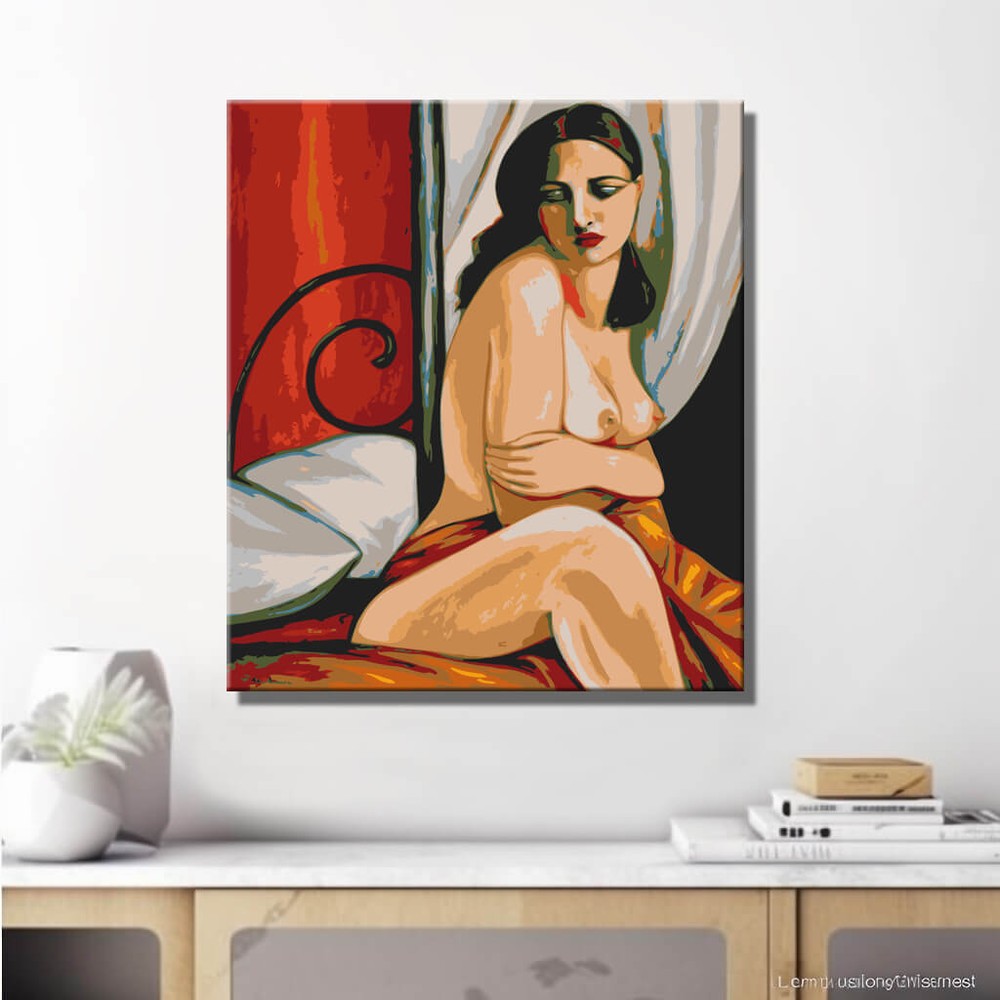 Akt Frau Bett klassisch rot DIY Kunst Deko modernes Wandbild