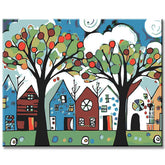 Malen nach Zahlen Kunst Bäume vor bunten Häusern