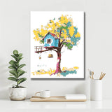 Malen nach Zahlen Kunst Illustration Blaues Baumhaus im gelben Baum