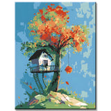 Malen nach Zahlen Kunst Illustration gelber Baum mit rosa Baumhaus