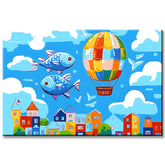 Malen nach Zahlen Kunst Illustration Kreativ Fische und Heißluftballon über der Stadt
