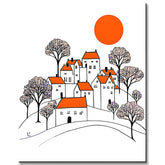 Malen nach Zahlen Illustration weiße Häuser mit orangenem Dach und schwarze Bäume