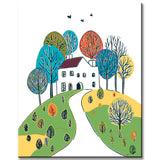 Malen nach Zahlen Kunst Illustration weißes Haus in der Landschaft mit bunten Bäumen