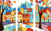 Malen nach Zahlen Folkart Illustration Stadt Land 3-part