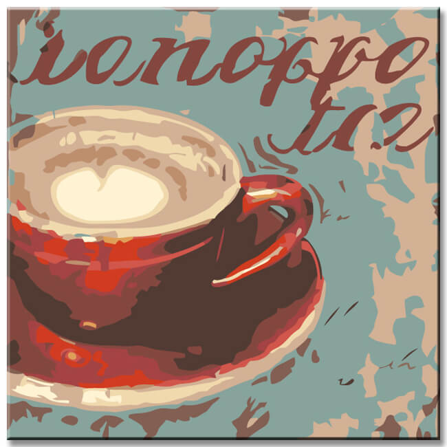 Malen nach Zahlen Kunst Lifestyle Rote Kaffeetasse auf Unterlage mit verschiedenen Begriffen