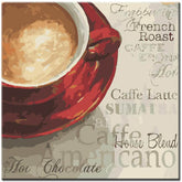 Malen nach Zahlen Kunst Lifestyle Rote Kaffeetasse auf Unterlage mit verschiedenen Begriffen