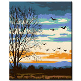 Painting by Numbers Art Nature Geese fly over the bare trees in the winter sky
