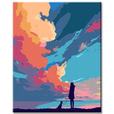 Malen nach Zahlen Kunst Natur Mädchen mit Hund und exoticen Wolken