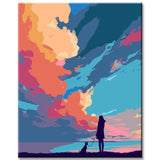 Malen nach Zahlen Kunst Natur Mädchen mit Hund und exoticen Wolken