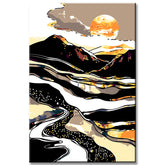 Malen nach Zahlen Kunst Natur goldene Sonne hinter weißem Berg mit silber-goldenen Fluß