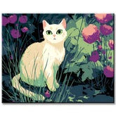 Grind after Zahlen Kunst Weiße Katze mit Grünen Augen im Gras