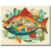 Malen nach Zahlen Kunst Tier Bunter Fisch mit orientalischer Stadt im Bauch