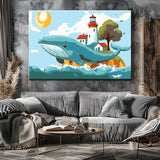 Malen nach Zahlen Kunst Tier Wal mit Leuchtturm Haus und Baum auf dem Rücken