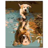 Malen nach Zahlen Kunst Tier smaller Hundewelpe reflects itself in the Pfütze