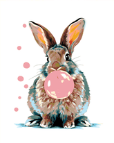 Malen nach Zahlen Kunst Tier Hase macht mit Kaugummi eine Blase