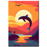 Malen nach Zahlen Kunst Tier Delfin im Meer bei Abendsonne