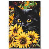 Malen nach Zahlen Schwarze Katze Kunst im Portrait Sonnenblumen