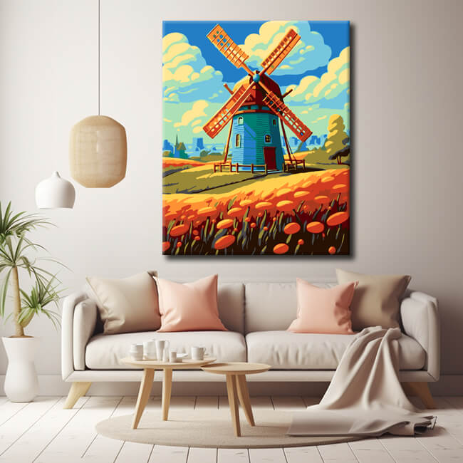 Malen nach Zahlen Windmühlen Blumen Landschaft