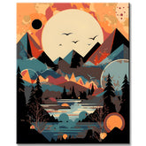 Malen nach Zahlen - Minimalist Landscape Poster: Mountains and Sonne