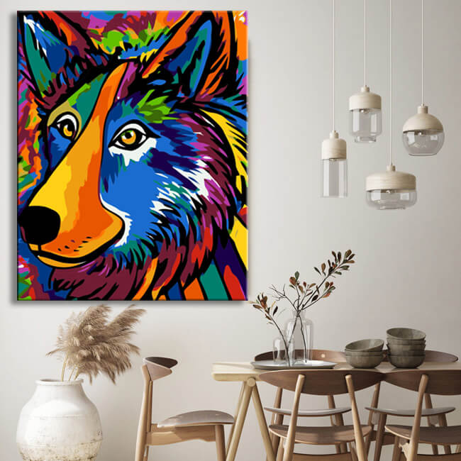 Malen nach Zahlen: Bunter Wolf im Stil von Picasso und der Wilden Beast
