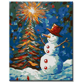 Weihnachtsbaum mit Schneemann bei Nacht - Malen nach Zahlen
