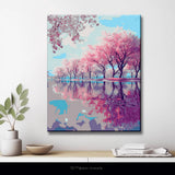 Grinding nach Zahlen Bilder Rosa Bäume Spiegelung