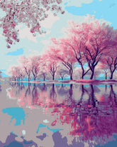 Grinding nach Zahlen Bilder Rosa Bäume Spiegelung