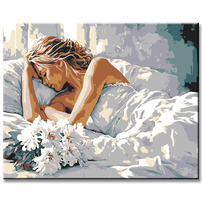 Malen nach Zahlen Bilder Frau im bett