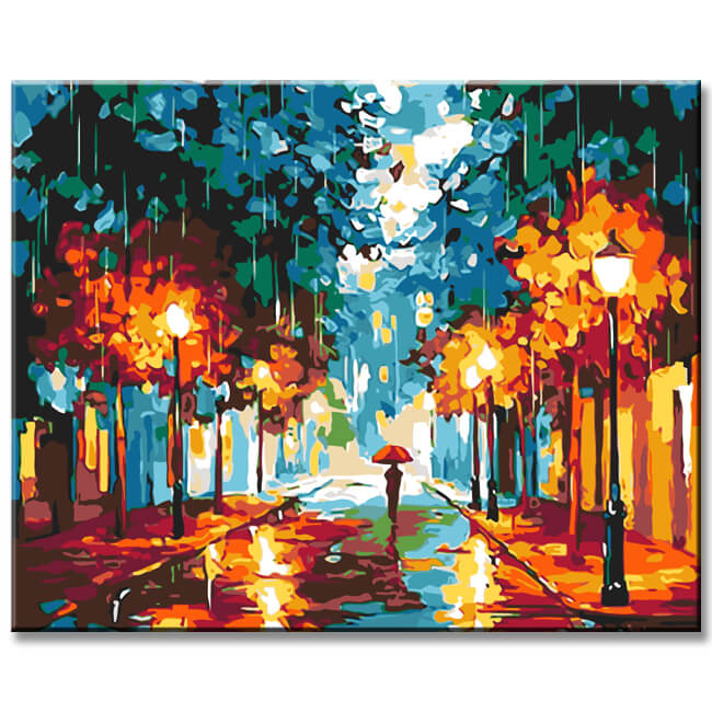 Malen nach Zahlen Bilder Lichterallee im Regen