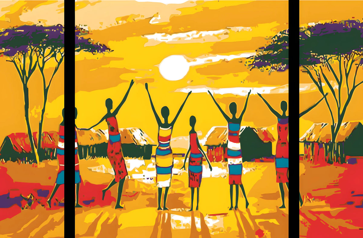 Malen nach Zahlen Afrika Dorf in Steppe - 3 parts (Triptychon)
