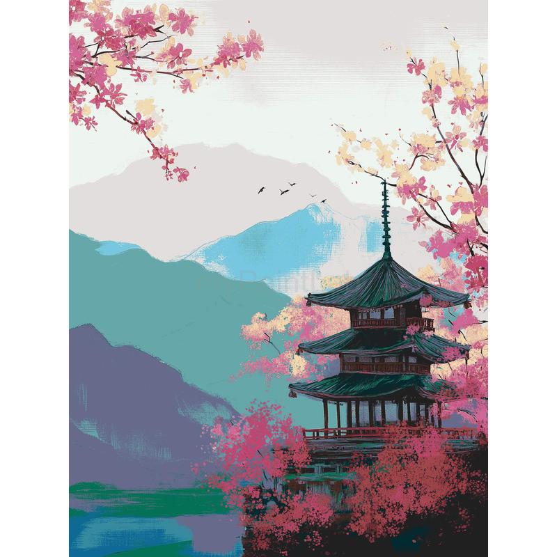 Painting by Numbers China Cherry Blossom Pagoda Landscape