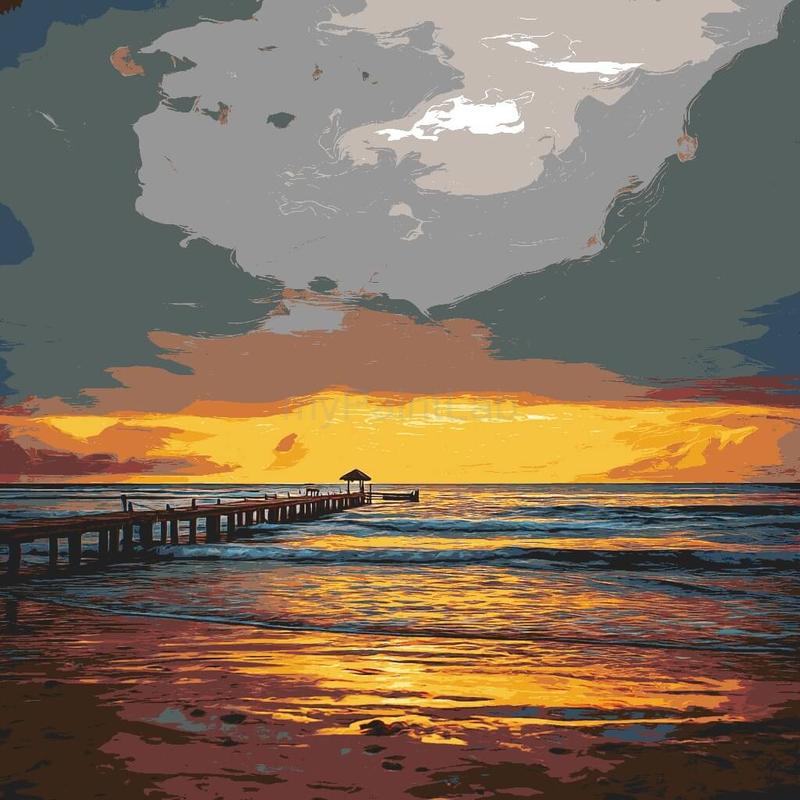 Grind nach Zahlen Sonnenuntergang Strand schwarz weiss