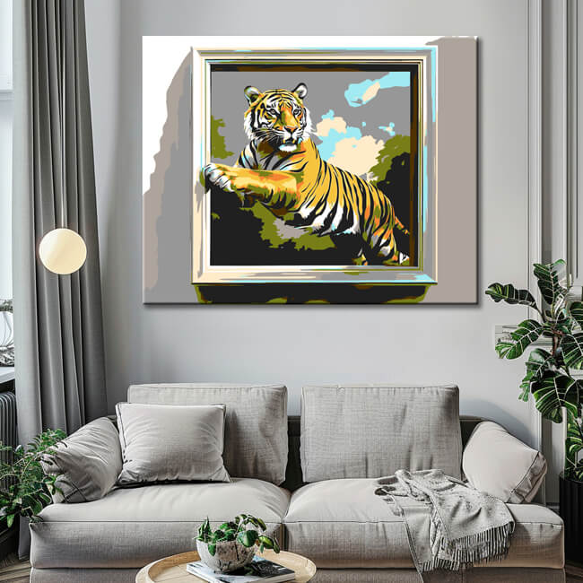 Malen nach Zahlen Kunst 3d Tiger steigt mit einer Pfote aus dem Bild