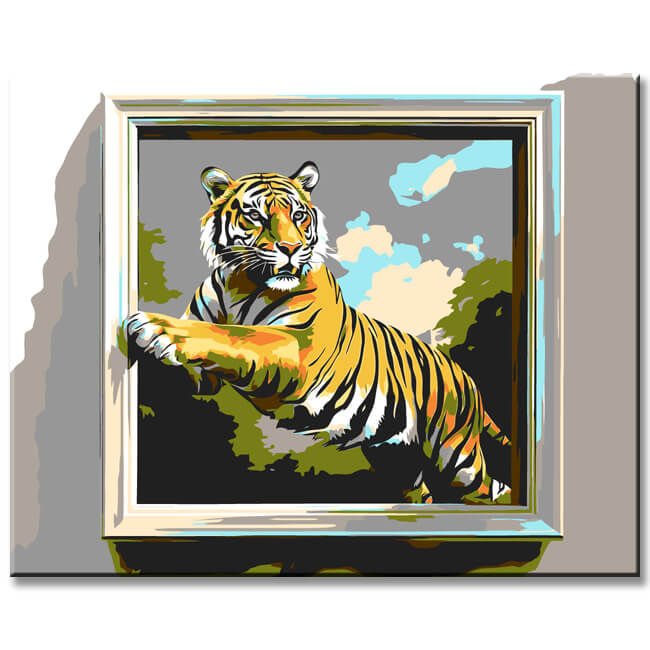 Malen nach Zahlen Kunst 3d Tiger steigt mit einer Pfote aus dem Bild