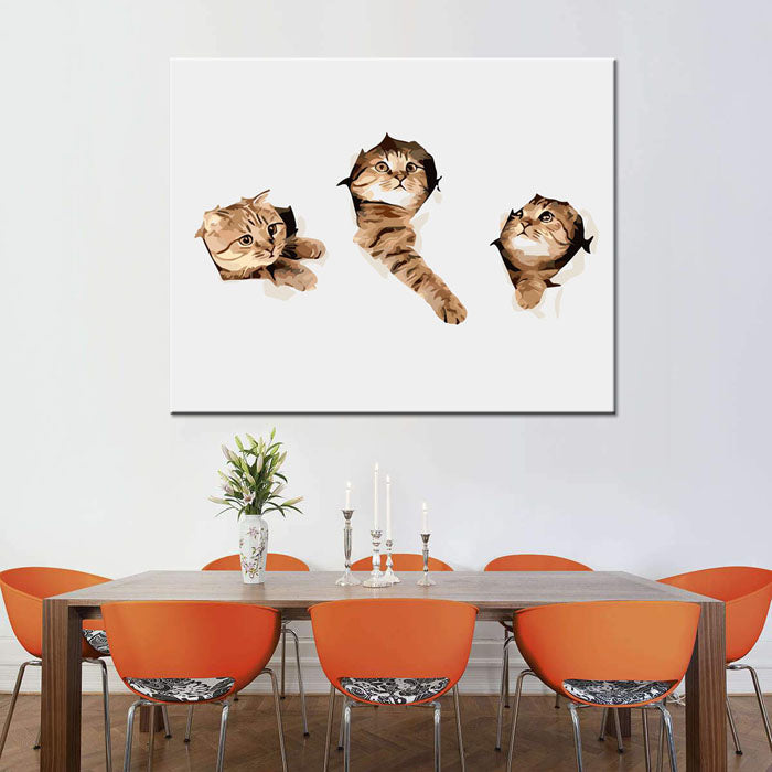 Malen nach Zahlen 3D Kunst drei Katzenköpfe gucken aus der Wand