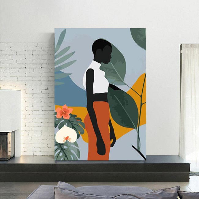 Malen nach Zahlen Kunst Minimalismus Schwarze Frau Pflanze