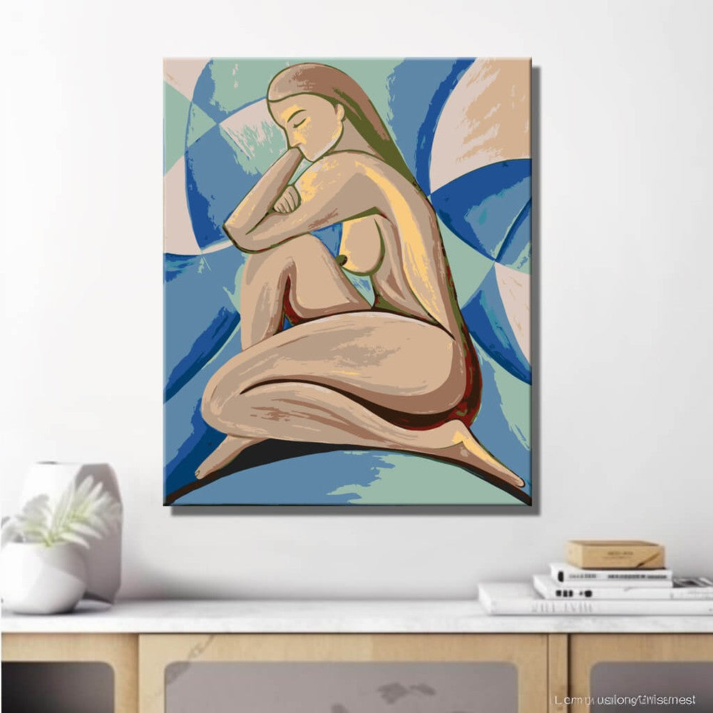 Malen nach Zahlen Akt Frau Sitzend Geometrisch Blau Modern