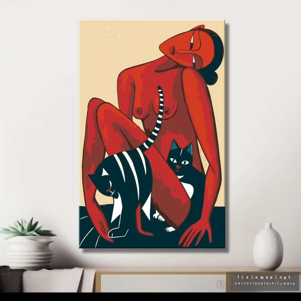 Akt Frau Katze minimalistisch rot DIY Kunst Deko modernes Wandbild