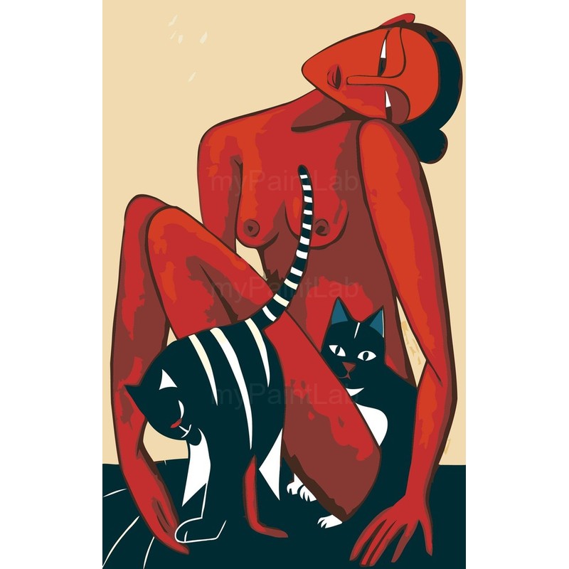 Akt Frau Katze minimalistisch rot