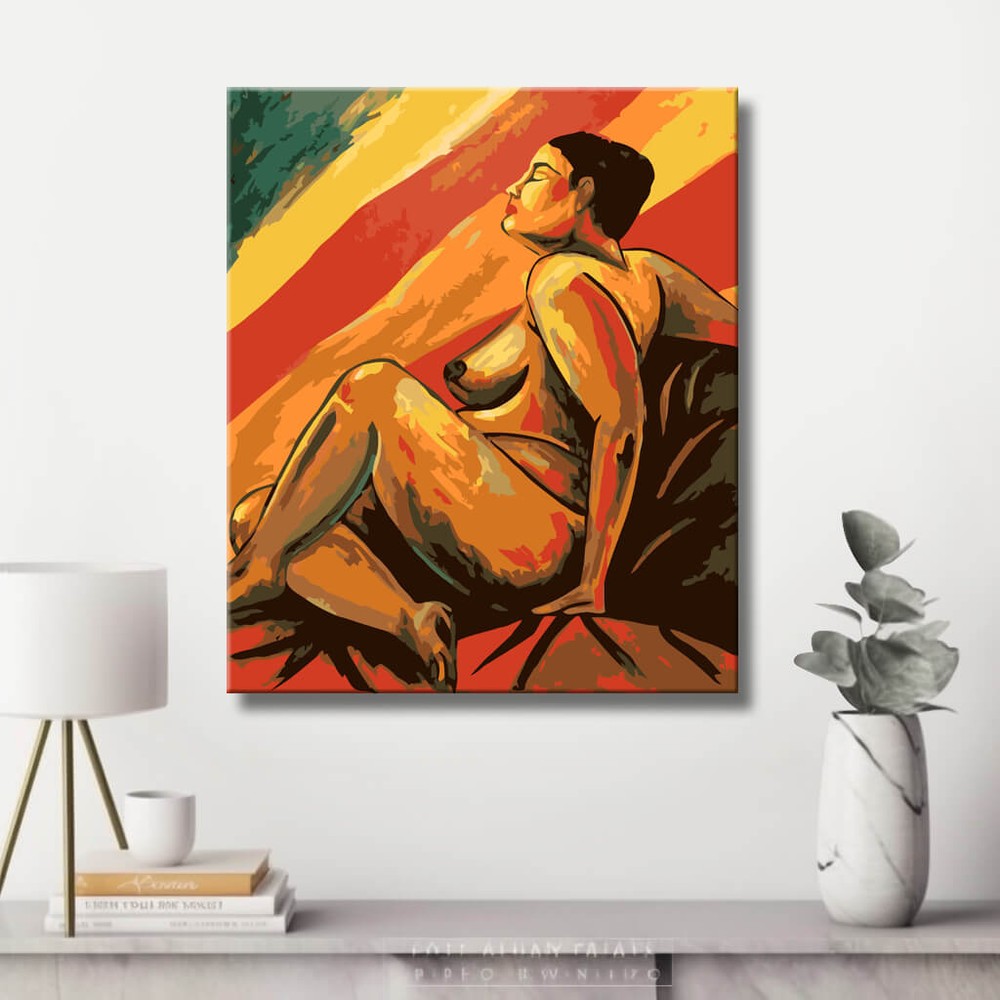 Malen nach Zahlen Akt Frau Sitzend Orange Rot Modern Licht