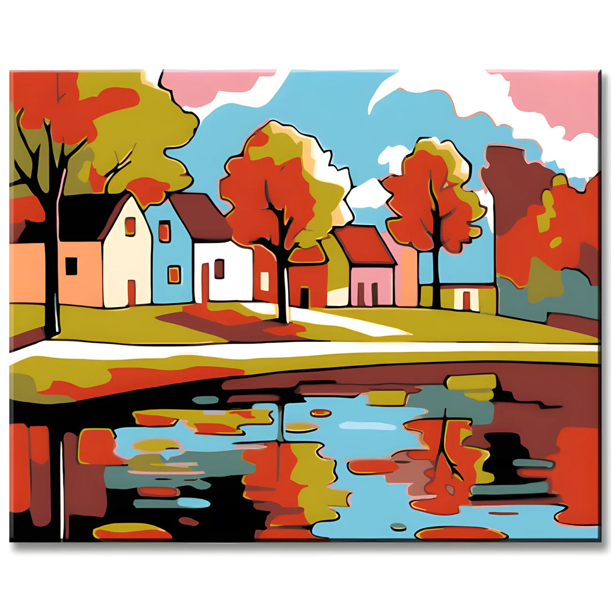 Malen nach Zahlen Kunst Illustration Herbst Bäume Reflektion im Wasser