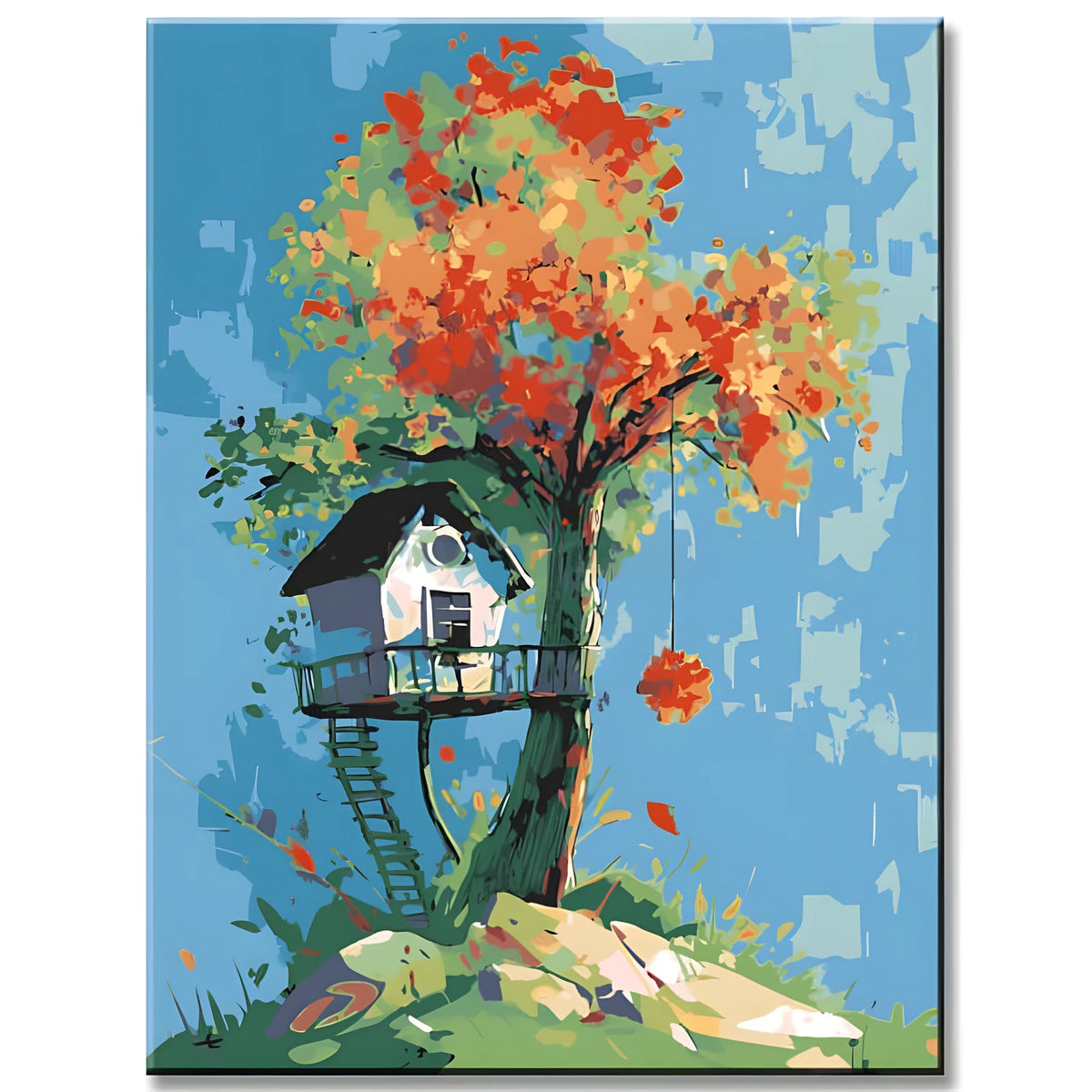 Malen nach Zahlen Kunst Illustration gelber Baum mit rosa Baumhaus