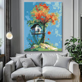 Grind after Zahlen Kunst Illustration gelber Baum with pink Baumhaus