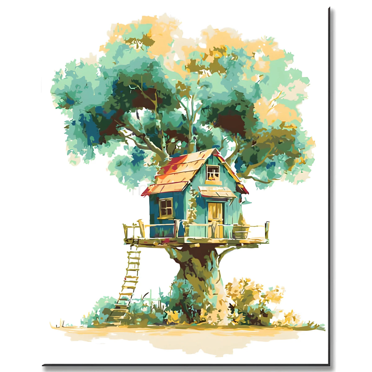 Malen nach Zahlen Kunst Illustration violetter Baum mit rotem Baumhaus