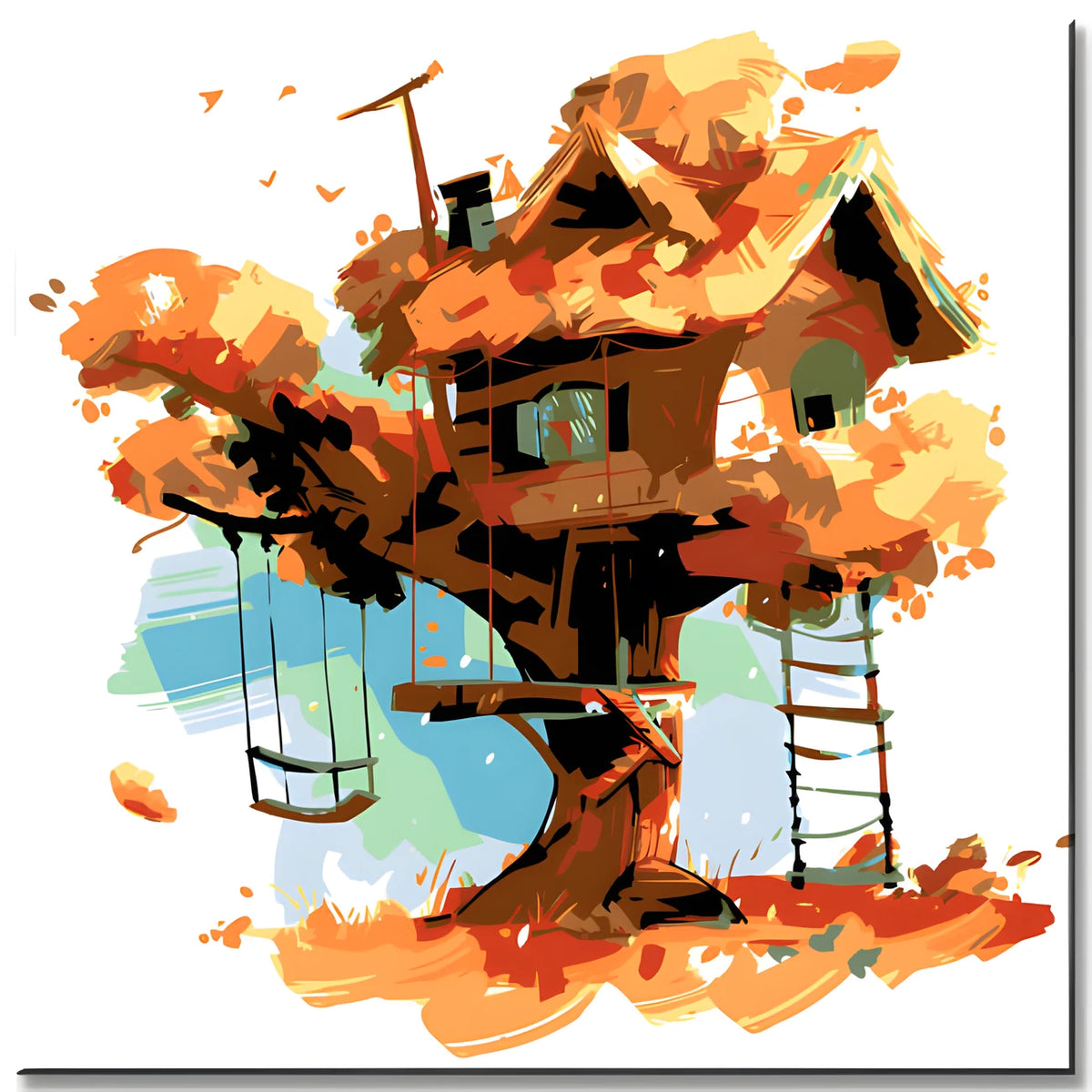 Malen nach Zahlen Illustration großes braunes Baumhaus mit Schaukel