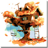 Malen nach Zahlen Illustration großes braunes Baumhaus mit Schaukel